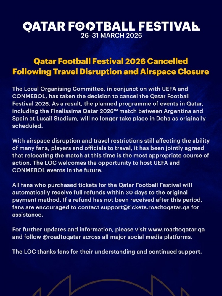 开云官网-官方：2026年卡塔尔足球节因旅行中断和领空关闭取消
